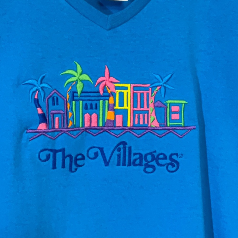 GILDAN sz X Large T Shirt The Villages Graphic Tee Shirt Bright Colors Blue +
